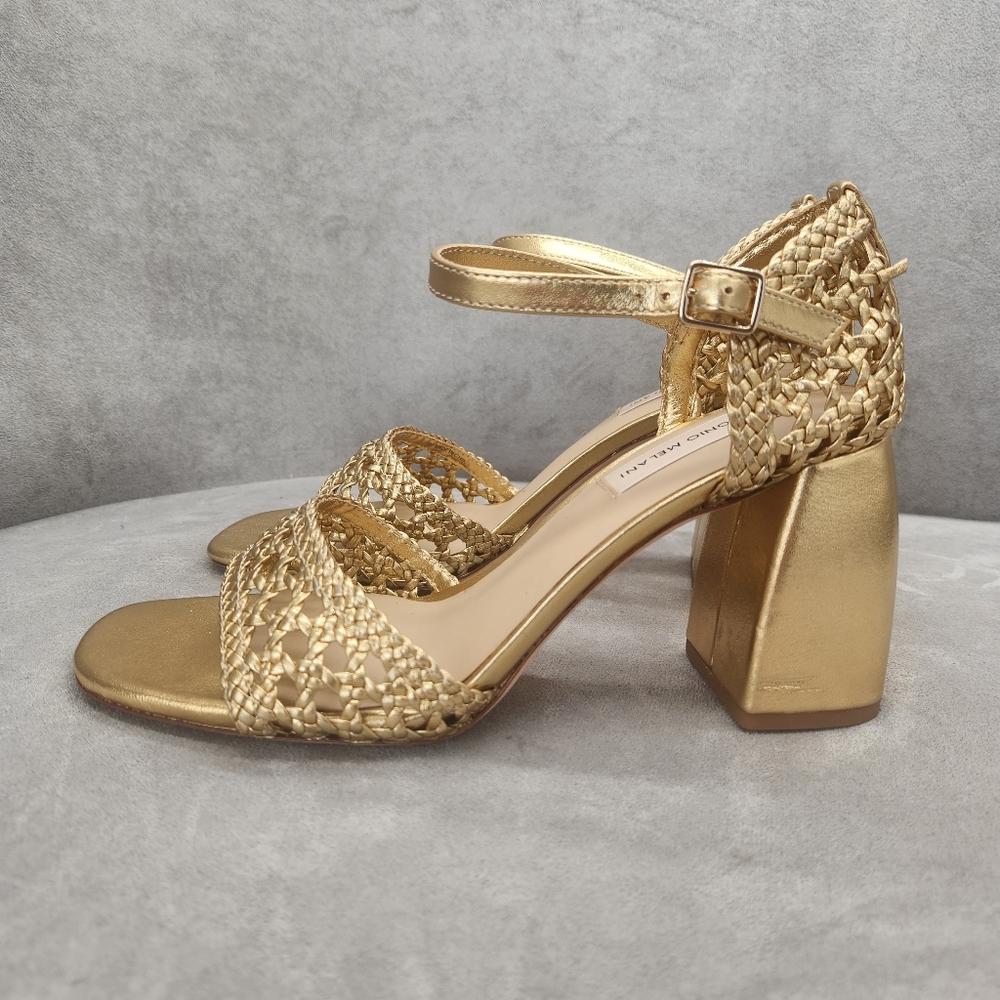 Antonio Melani Heeled Sandals 10 Golden Woven Leather Gretel Metallic New $140 - Picture 6 of 15